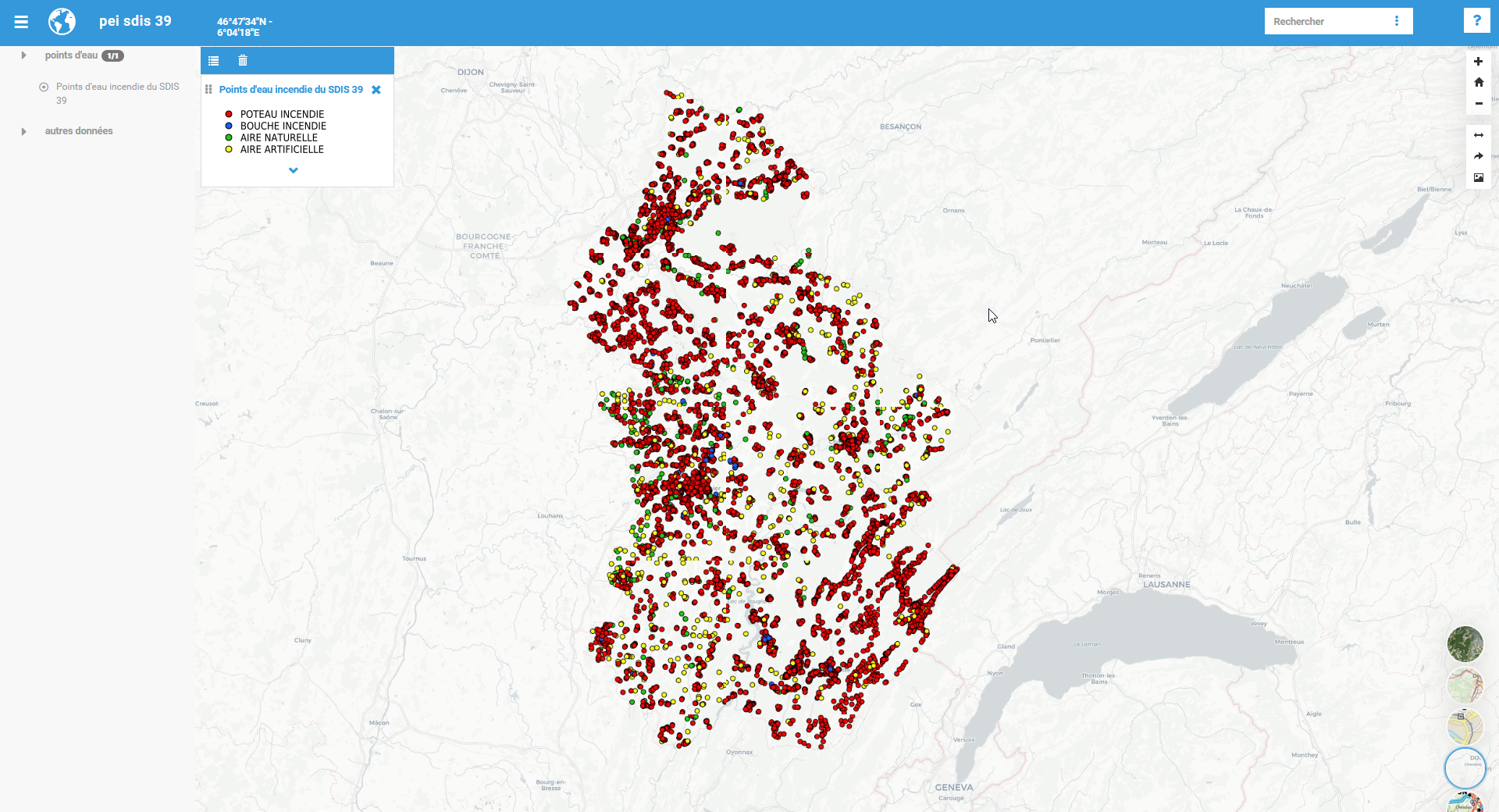 Carte interactive des points d'eau incendie du SDIS du Jura